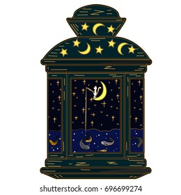Decorative lamp with a picture inside, a cat fishing on the moon