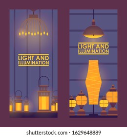 Decorative lamp store, vector illustration. Vertical banner for interior design shop, home decorations. Glowing light, lamps and lanterns, house accessories store advertisement banner with copy space