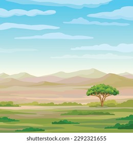 Paisaje decorativo - Sabana africana. Árbol solitario. Ilustración vectorial. 