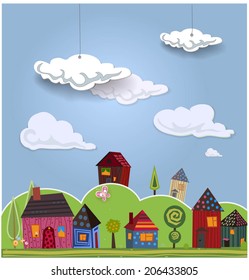 Decorative landscape with cute little houses. Vector illustration