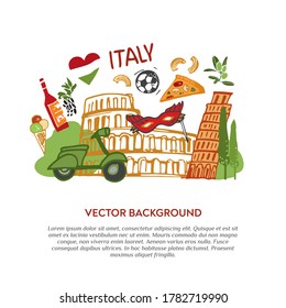 Decorative landscape with elements and symbols of Italy isolated on a white background. Architecture, food, and hand-drawn symbols of a European city. Banner template  for tourism. Vector illustration