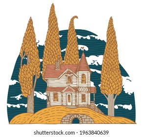 Decorative landscape with a log country two-story house and yellowed autumn trees on a hill. Hand-drawn vector illustration. Beautiful old building and garden in cartoon style