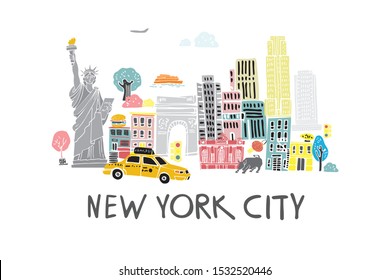 Paisaje decorativo de la ciudad de Nueva York con símbolos dibujados a mano sobre un fondo blanco. Inscripción manuscrita en la ciudad de Nueva York. Postal, cartel, guía para turistas. Ilustración vectorial de caricatura plana