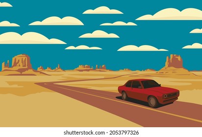 Paisaje decorativo con una carretera y un auto que pasa por el desierto con rocas y nubes en cielo azul. Ilustración vectorial de una carretera en forma de polilínea que pasa por el paisaje árido de Estados Unidos