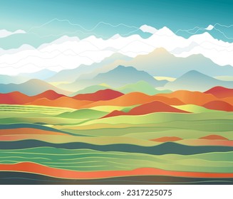 Decorative landscape, stylized mountainous background, compatible with graphic elements. Vector illustration.