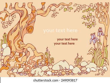 Decorative landscape with trees, flowers and stones, decorative frame. Engraved retro style, effect of sepia
