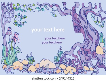 Decorative landscape with trees, flowers and stones, decorative frame.
