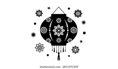 A decorative lantern design with intricate floral mandala patterns, hanging tassels, and celestial accents in a minimalist flat style.