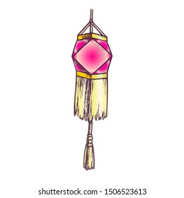 Decorative Lantern Festive Detail Retro Vector. Handmade Classical Christmas Paper Lantern With Tassel Celebrate Ornament. Light Garland Template Designed In Vintage Style Color Illustration