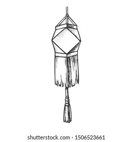 Decorative Lantern Festive Detail Retro Vector. Handmade Classical Christmas Paper Lantern With Tassel Celebrate Ornament. Light Garland Template Designed In Vintage Style Monochrome Illustration