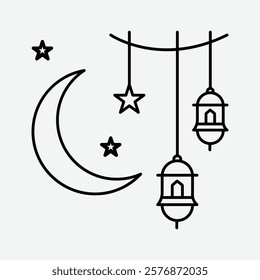 Decorative Lanterns, Crescent Moon, and Stars Hanging on Strings Symbolizing Ramadan. String of Lanterns, Crescents, and Stars as Ramadan Decorations.