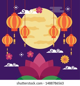 decorative lanterns flower and moon mid autumn festival vector illustration