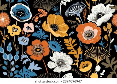 Decorative large flowers on a black background. Vector seamless pattern. Beautiful stylized flowers, trendy style background. Repeating rapport, botanical wallpaper