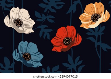 Decorative large flowers on a black background. Vector seamless pattern. Beautiful stylized flowers, trendy style background. Repeating rapport, botanical wallpaper