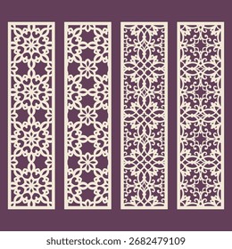 Paneles decorativos cortados por láser colección de paneles largos 4x1 con motivos de celosía arabesca y geométrica para pantallas interiores y arte mural.