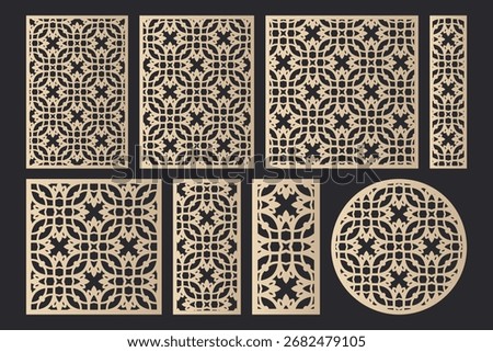 Decorative laser cut panels collection assorted multi-format featuring arabesque and geometric lattice motifs for interior screens and wall art.