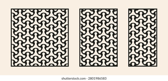 Decorative laser cut panels with geometric triskelion Y-shape pattern. CNC laser cutting template set, abstract interlocking propeller privacy screen vector. Modern geometric lattice panels for cnc routing, decorative stencil template set