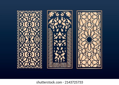 Decorative laser cut panels template with abstract texture. geometric and floral laser cutting or engraving panel vector illustration set islamic deco