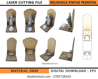Decorative laser cut stand for religious images, crafted for 3mm MDF or plywood. EPS vector template for CO2 cutting machines, ideal for spiritual décor, altars, gifts, and sacred displays