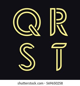Decorative Latin alphabet. Rounded vector font. Style thin lines. Hollow gold letters Q, R, S, T. The template for logos, typography, advertising design, invitations, booklets.