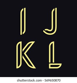 Decorative Latin alphabet. Rounded vector font. Style thin lines. Hollow gold letters I, J, K, L.  Graceful rounding registers. The template for logos, typography, invitations, booklets.