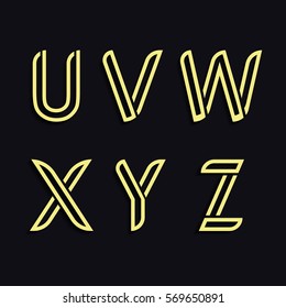 Decorative Latin alphabet. Rounded vector font. Style thin lines. Hollow gold letters U, V, W, X, Y, Z.  The template for logos, typography, advertising design, invitations, booklets.