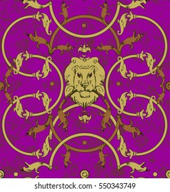 Decorative lattice with a lion in classic style in gray, gold a seamless pattern on a purple background.