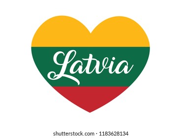 Decorative Latvia Text on Heart Shape with the Colors of Latvia Flag
