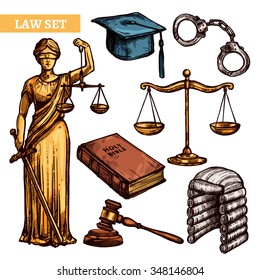 Decorative law elements set with figure Themis Holy Bible scales handcuffs hammer and  judges accessories  isolated vector illustration