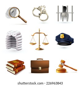 Decorative law legal justice police icons set with briefcase scales prisoner isolated vector illustration