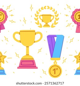 Decorative layout of trophies, medals, and ribbons with laurels and stars. Suitable for awards or celebratory event designs. Vector illustration