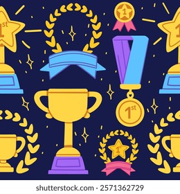 Decorative layout of trophies, medals, and ribbons in gold, silver, and blue on a dark background. Ideal for competition awards or celebratory designs. Vector illustration