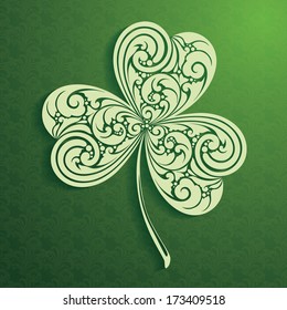 Decorative leaf clover on ornamental background. St Patrick Day