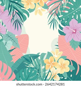 decorative leaf frame or poster with palm and monstera in cartoon flat style, great for summer vibes, tropical branding, greeting card layouts