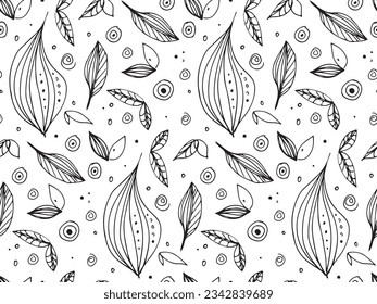 Decorative leaf hand drawn doodle sketch seamless pattern. Linear Natural abstract vector illustration. Print with leaves. Repeated template for background, textile, wrapping paper, wallpaper