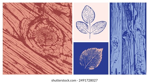 Decorative leaf prints or leaf art. Monotone pink and blue botanical leaf illustrations print.
