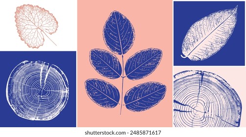 Decorative leaf prints and wood block prints. Monotone pink and blue botanical impression print.