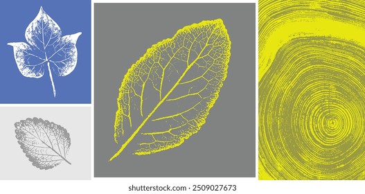 Impressões decorativas de folhas e impressões de blocos de madeira. Anéis de árvore botânica amarelo e cinza monótonos impressão.