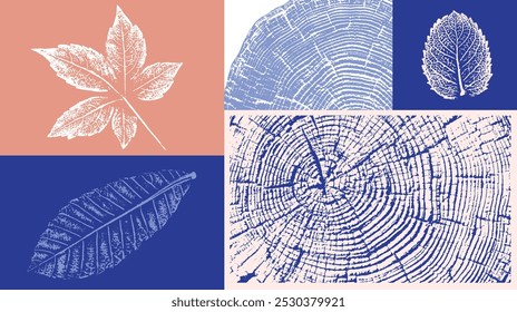 Decorative leaf prints and wood block prints. Monotone pink and blue botanical impression print.