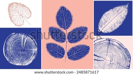 Decorative leaf prints and wood block prints. Monotone pink and blue botanical impression print.