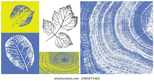 Decorative leaf silhouette prints and wood block prints. Monotone florescent yellow and gray botanical tree rings impression print.