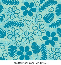 Decorative leafs and flowers on blue background - seamless pattern