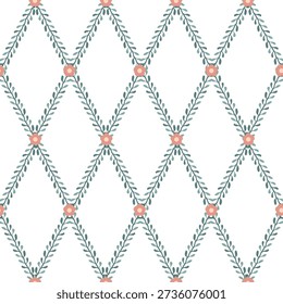 Decorative leafy trellis with soft pink flowers for wallpaper upholstery bedding fabric and elegant folk interiors.