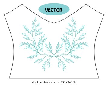 Decorative leaves in embroidery style on t-shirt or dress neck line. Editable colors.Can be used for fashion decorations, fabrics, manufacturing. Embroidery decorative flowers