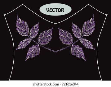 Decorative leaves in embroidery style on t-shirt or dress neck line. Editable colors.Can be used for fashion decorations, fabrics, manufacturing. Embroidery decorative flowers