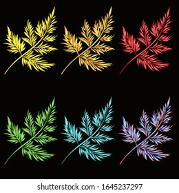 Decorative leaves gold, red, green, blue, neon watercolor set first on black background  vintage vector illustration editable hand draw nature
