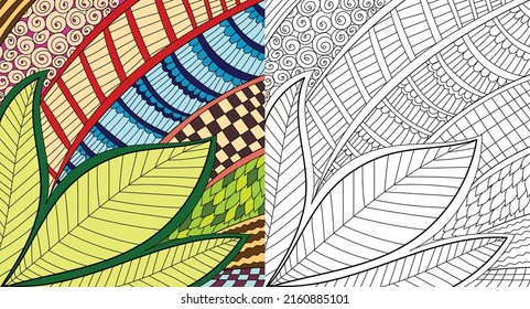 Decorative leaves henna mehndi style coloring book page illustration for adults art drawing relaxing 