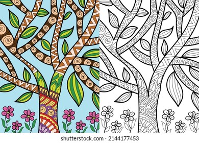 Decorative leaves tree coloring book page illustration for adults art drawing relaxing 