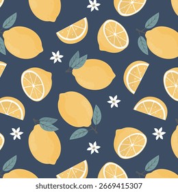 Decorative lemon seamless pattern with dark blue background. Vector illustration for print.