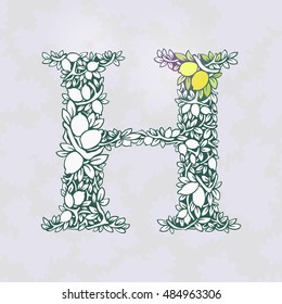 Decorative lemon tree leaves fruit - drawn in ink and some colored - Floral alphabet - Design lemon letter - Letter H